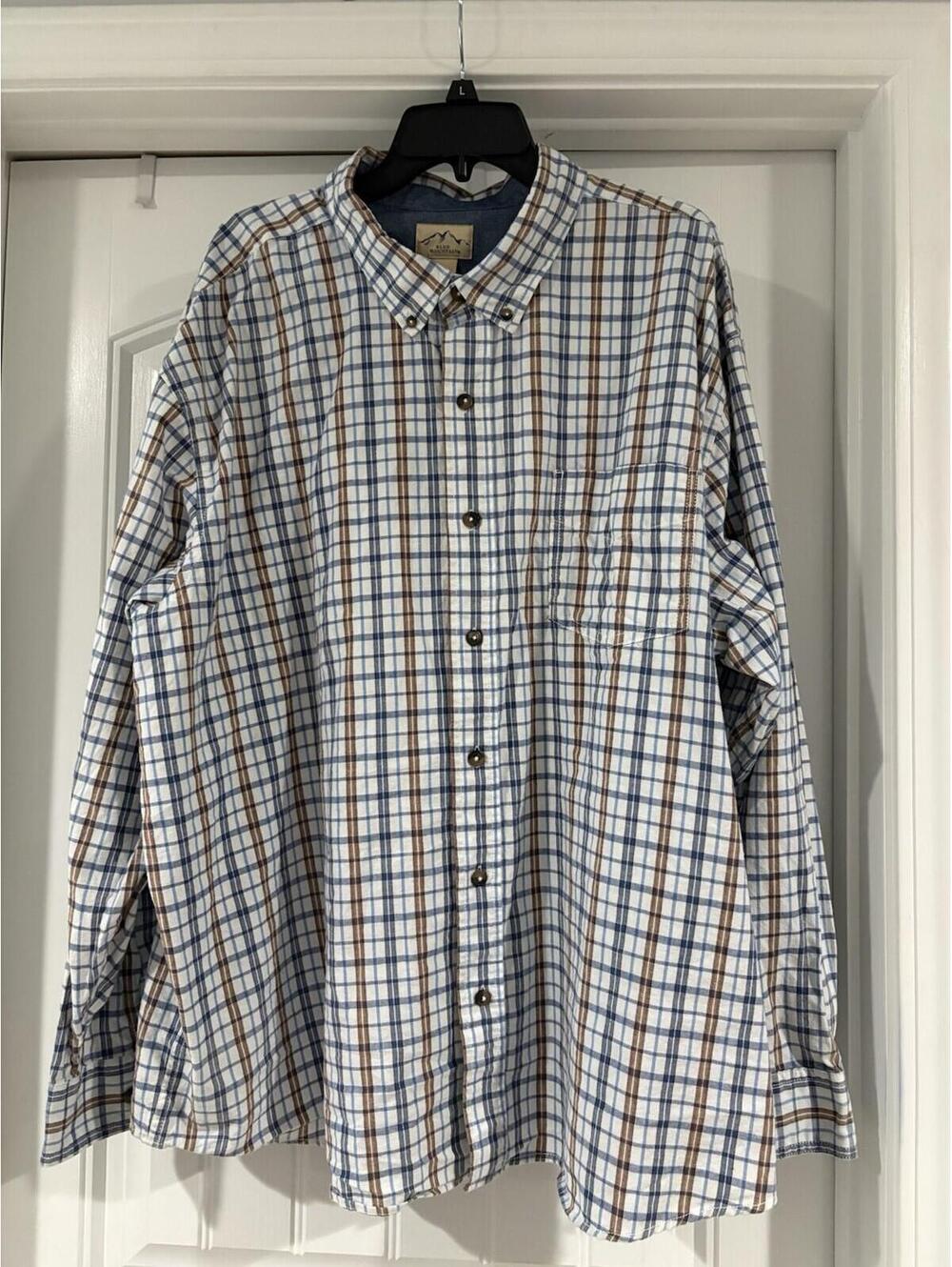 Blue Mountain Men's 3X Shirt White/Brown/Blue Plaid Button Down